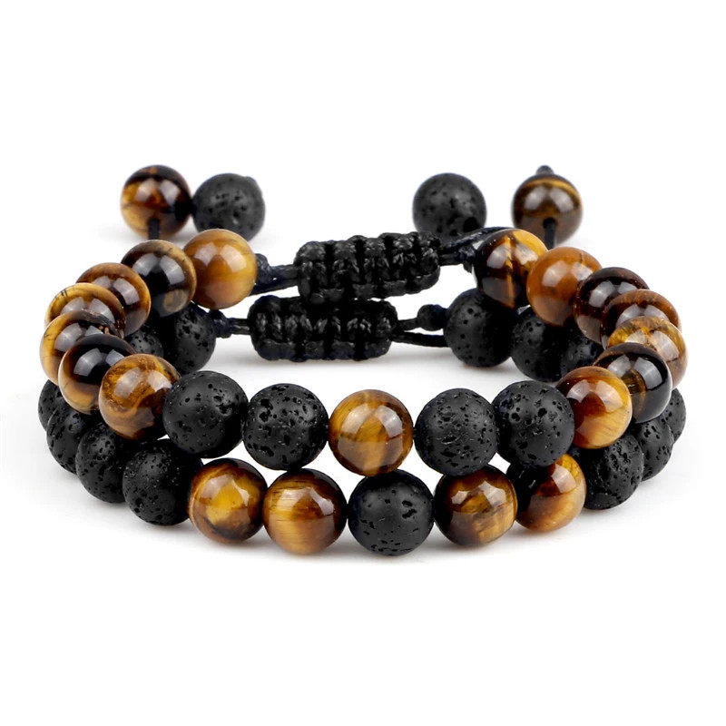 Handmade Adjustable Braided Bracelet Black Lava Stone Crown Tiger Eye Beads
