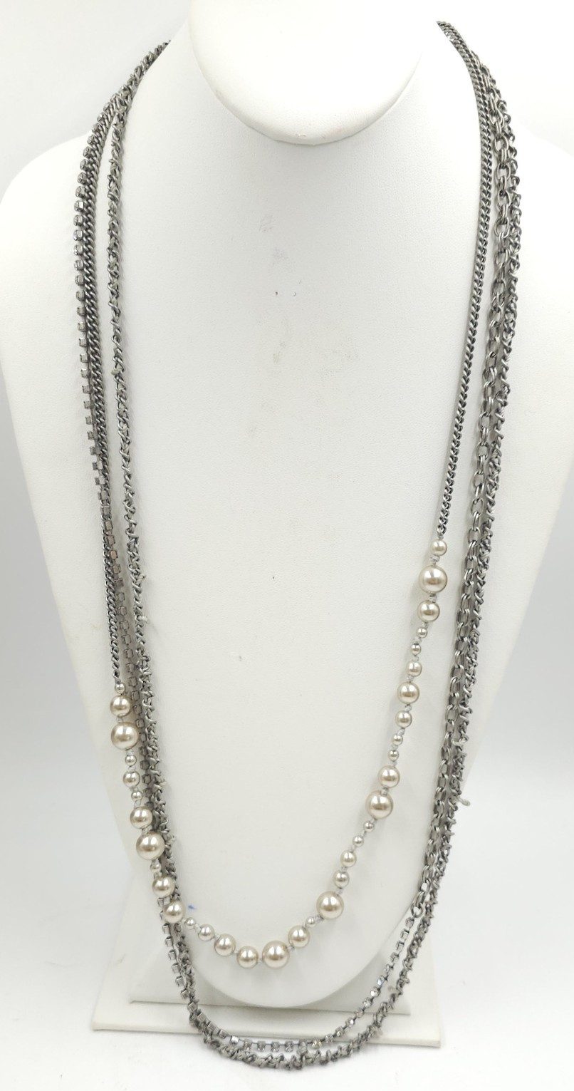 J.Crew Layered Silver-Tone Cable Chain Faux Pearl Beaded Necklace, Signed
