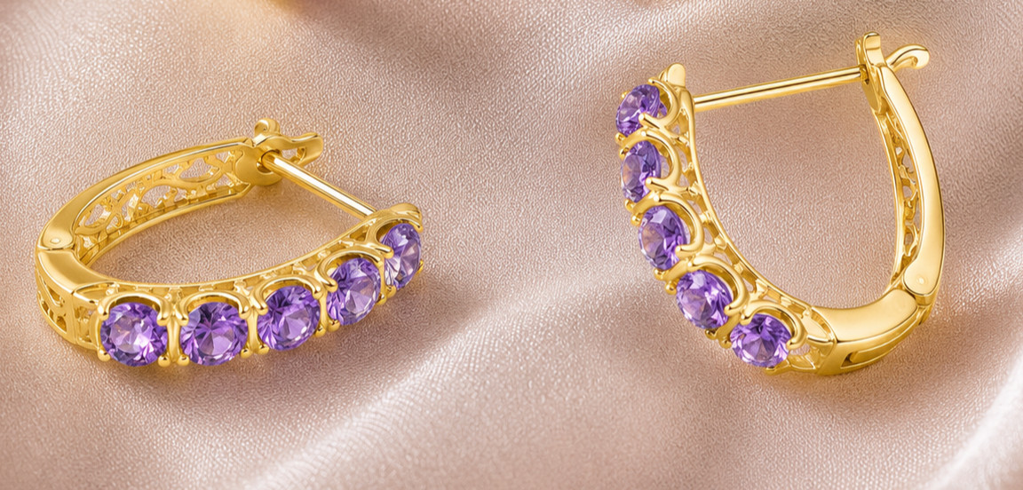 2Ct Round Cut Simulated Amethyst Engagement Hoop Earrings 14K Yellow Gold Plated