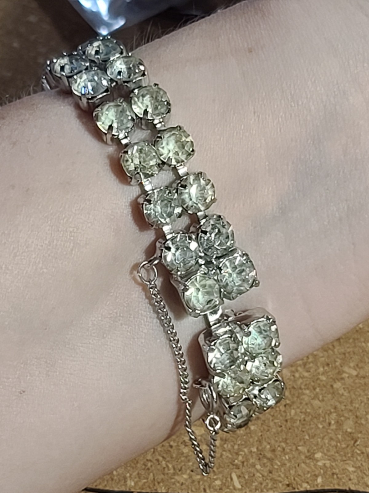 Eisenberg Signed Silver Tone Clear Rhinestone Tennis Bracelet Box Clasp Chain