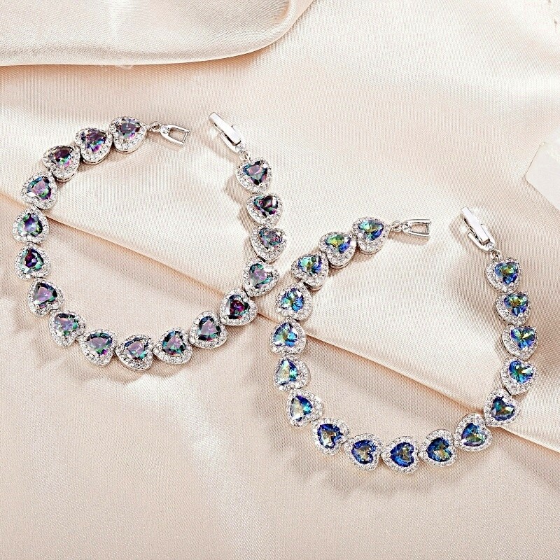 18K White Gold GF Created Mystic Crystal Stunning Rainbow Heart Tennis Bracelet