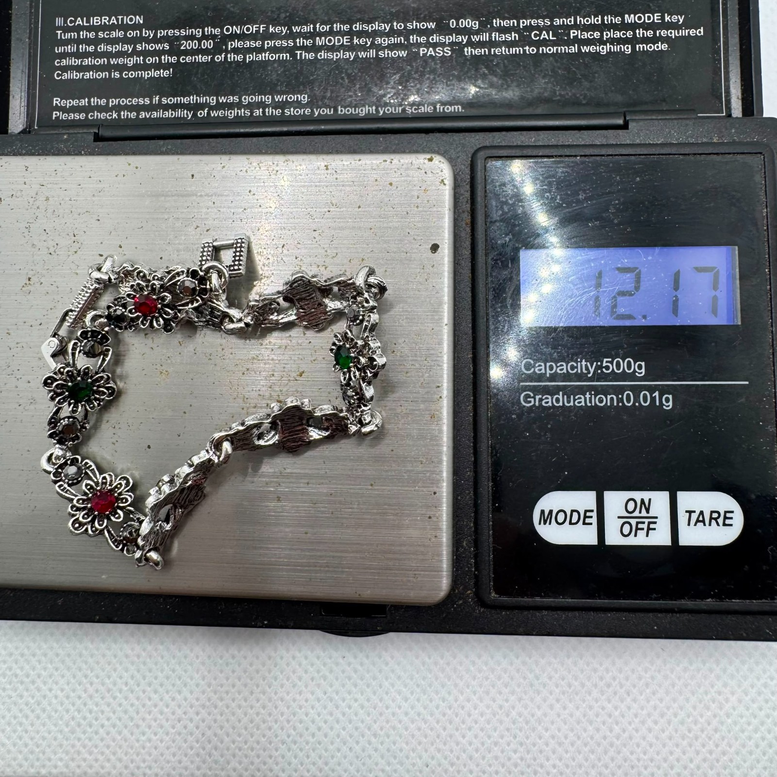 Vintage Floral Bracelet Antique Silver Tone Red Green Black Crystal Jewelry 12.1
