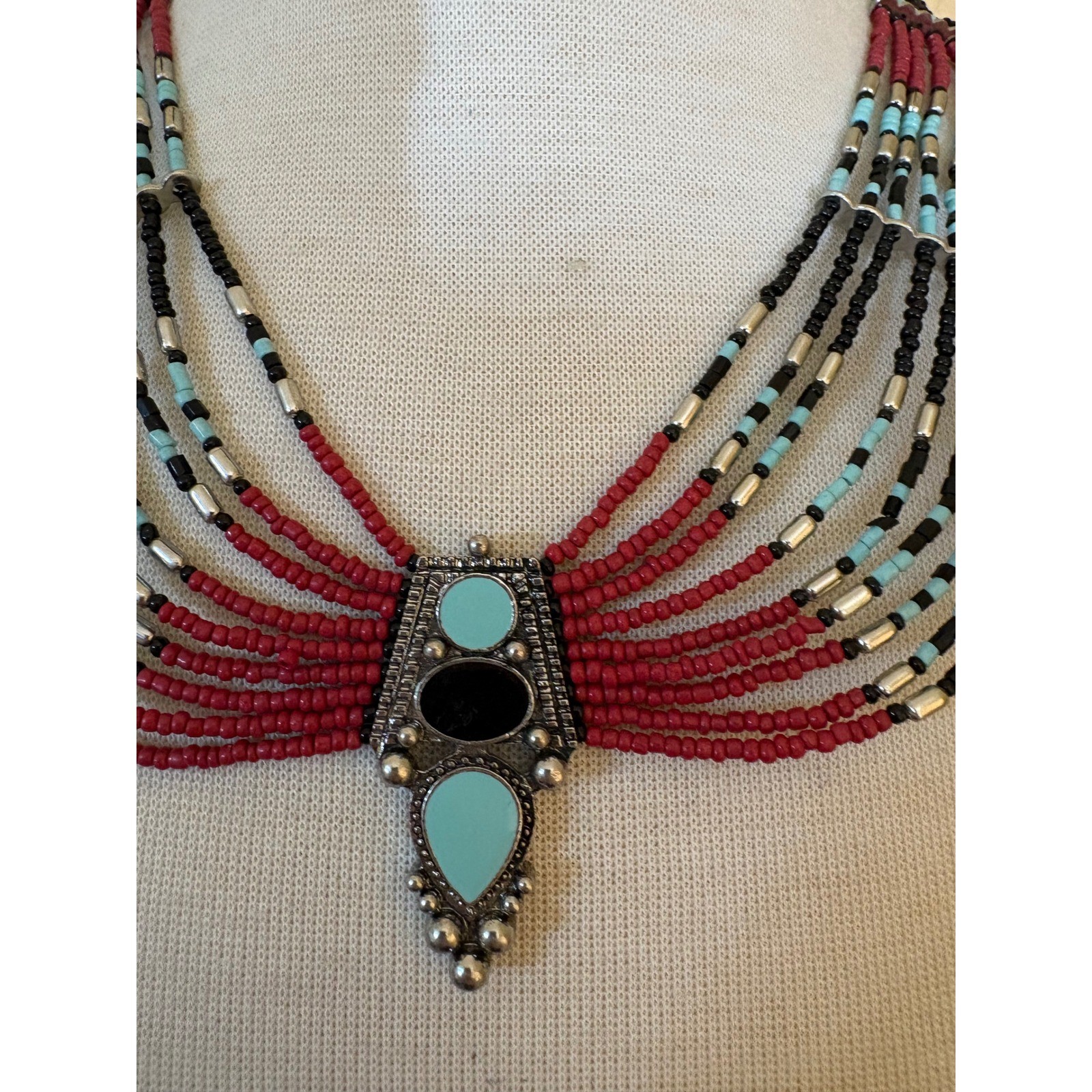 Southwestern Multi Strand Seed Bead Bib Necklace Red Black Turquoise Silver Tone