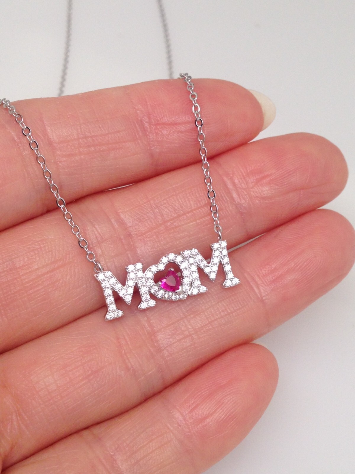 925 Sterling Silver CZ Pink Heart Mom Script Pendant Necklace 20mm 17.25″