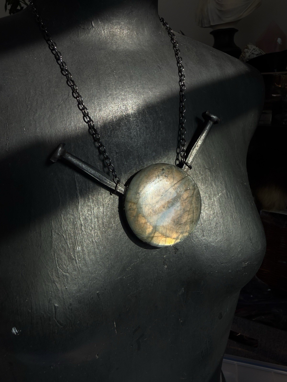 Labradorite and coffin nail statement crystal necklace gunmetal chain goth jewel