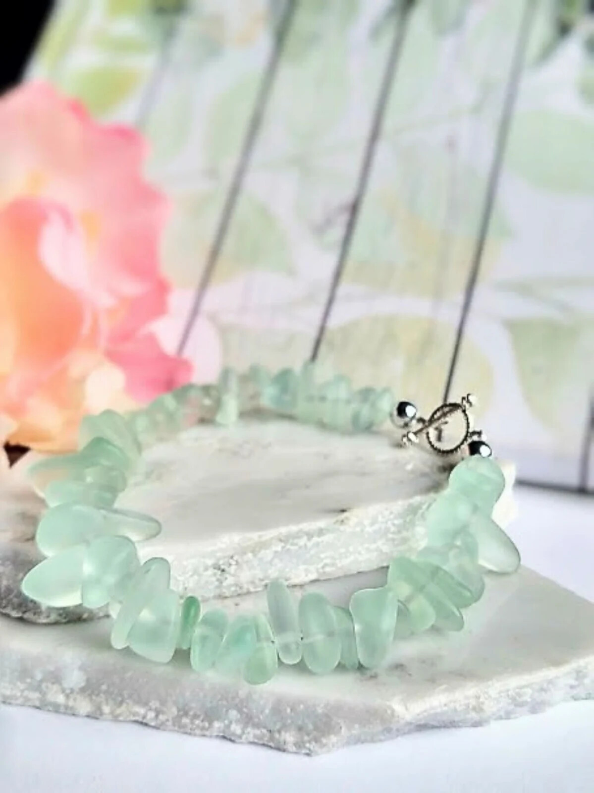 Aqua Blue Sea Glass Beach Strand Silver Bracelet, Valentine’s Gift For He