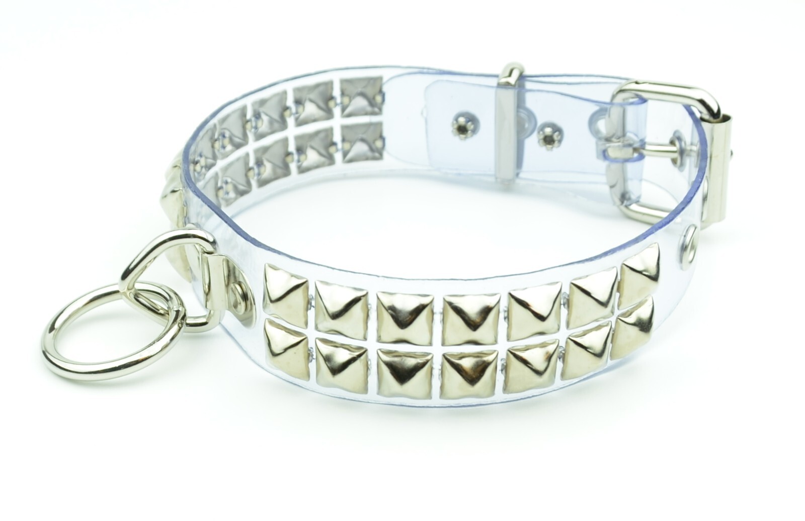 Clear Vinyl Studded Bondage Collar With Ring Double Rows Pyramid Punk Goth