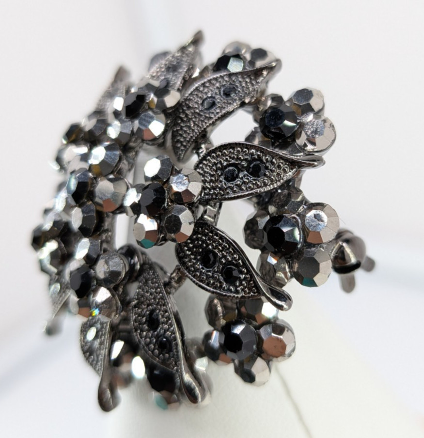 Vintage Gunmetal Rhinestone Flower Brooch Pin Hematite Crystal Dome 2in 30g
