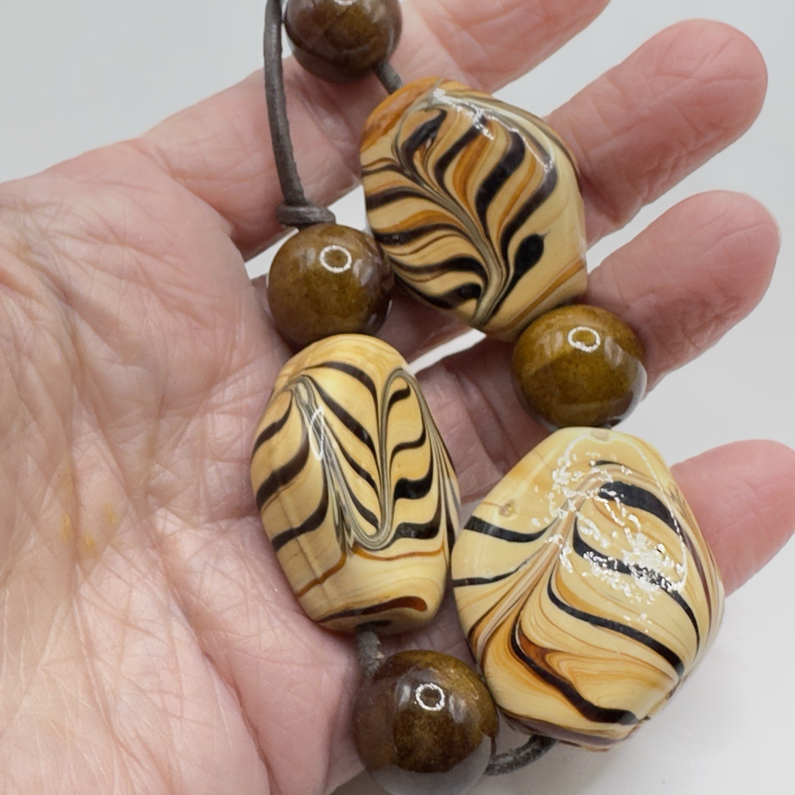 Chunky Boho Glass Ceramic Necklace 18 Inch Tans & Brown Handmade 19″ Leather
