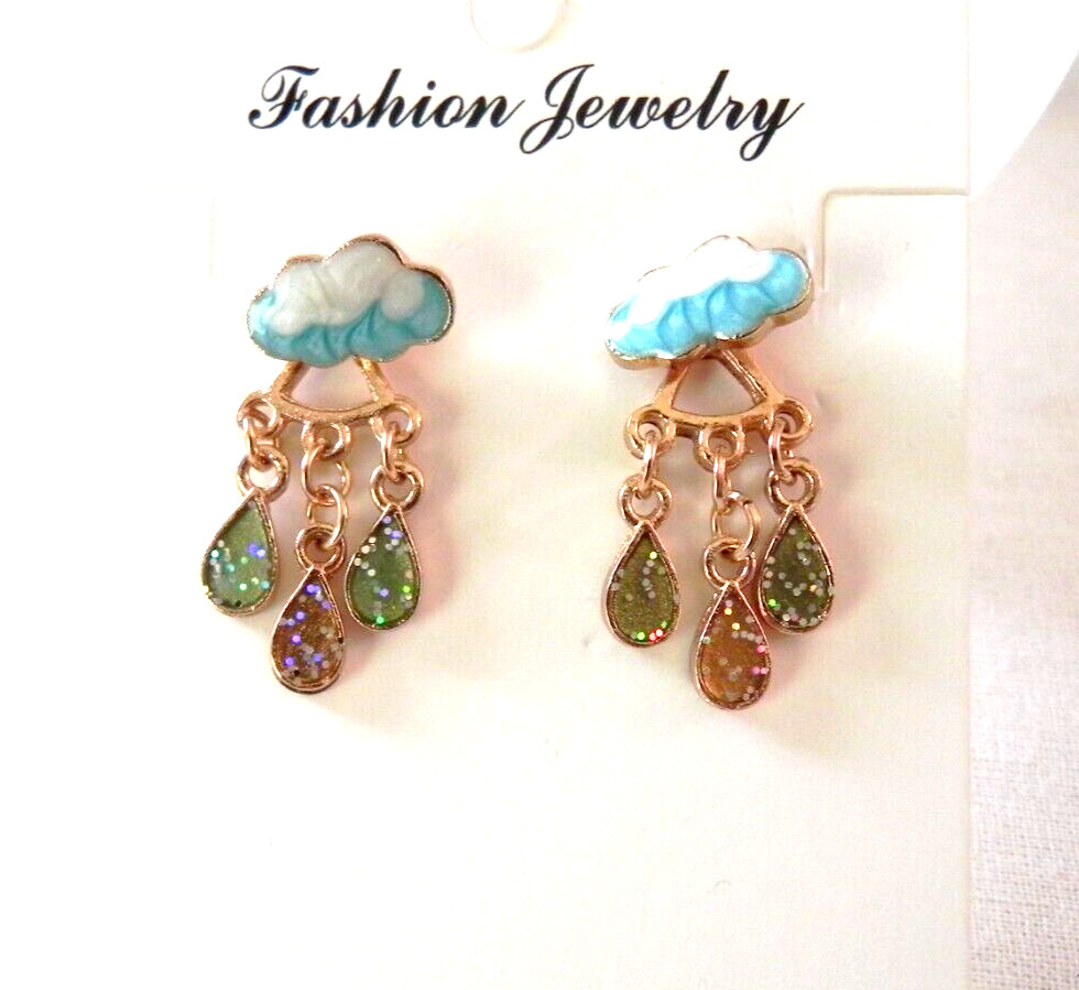 Rain Cloud with raindrops Enamel Stud Earrings Gold tone back front raincloud