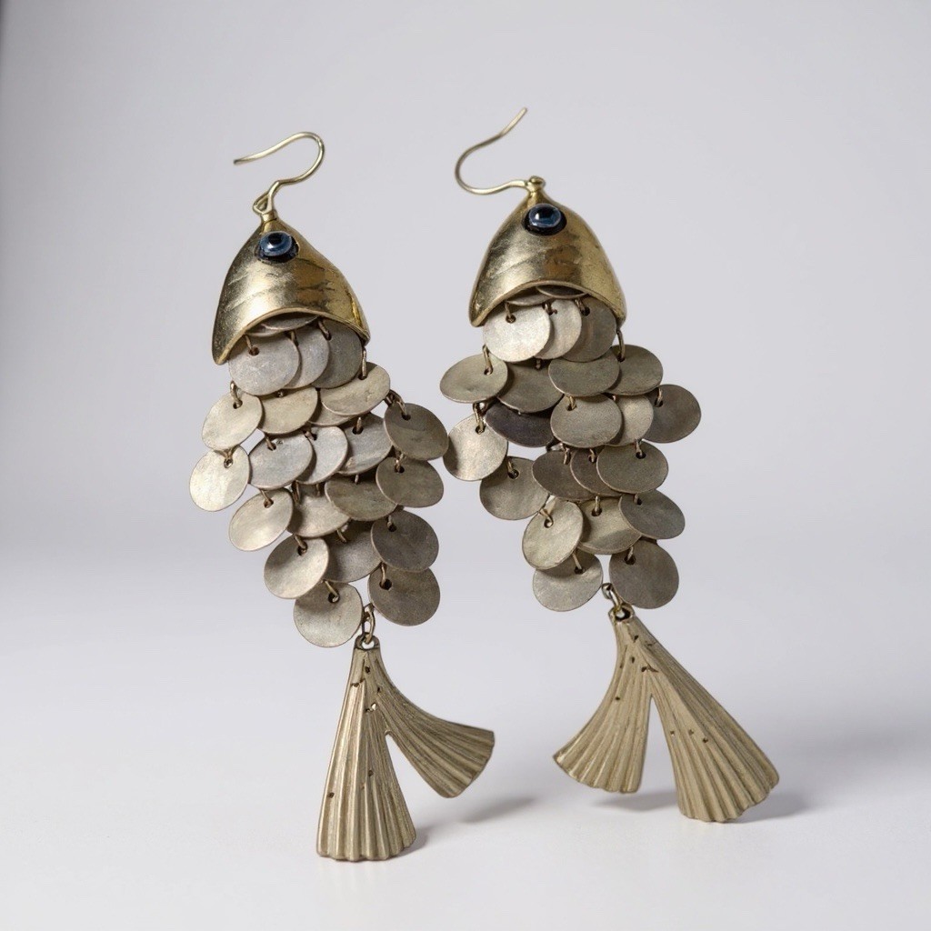 Zara Fish Earrings Shell Pearl Goldfish Seashell Art Museum Boho Abalone VTG