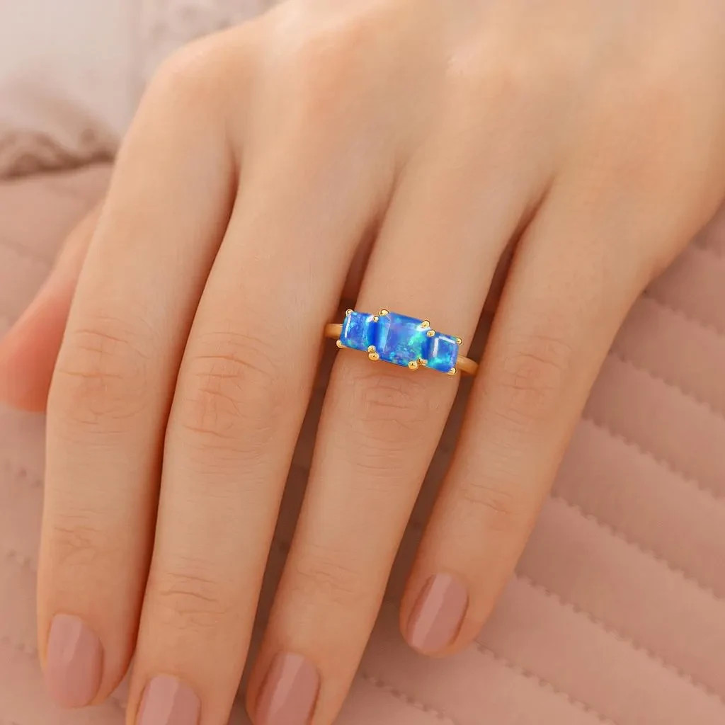 Ethiopian Fire Blue Opal Gemstone Statement Ring, Genuine Opal Gemstone Gold