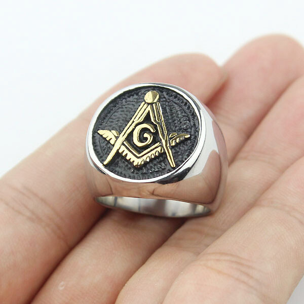 Mens Gold Plated Embossed Stamped Freemason Masonic Stainless Steel Biker Ring