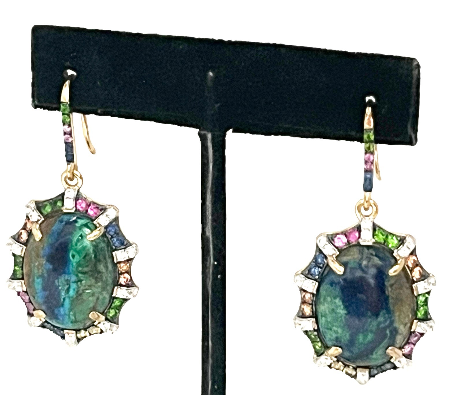 Rarities Azurite Malachite Sapphires Scalloped SS GoldClad Drop Earrings $599