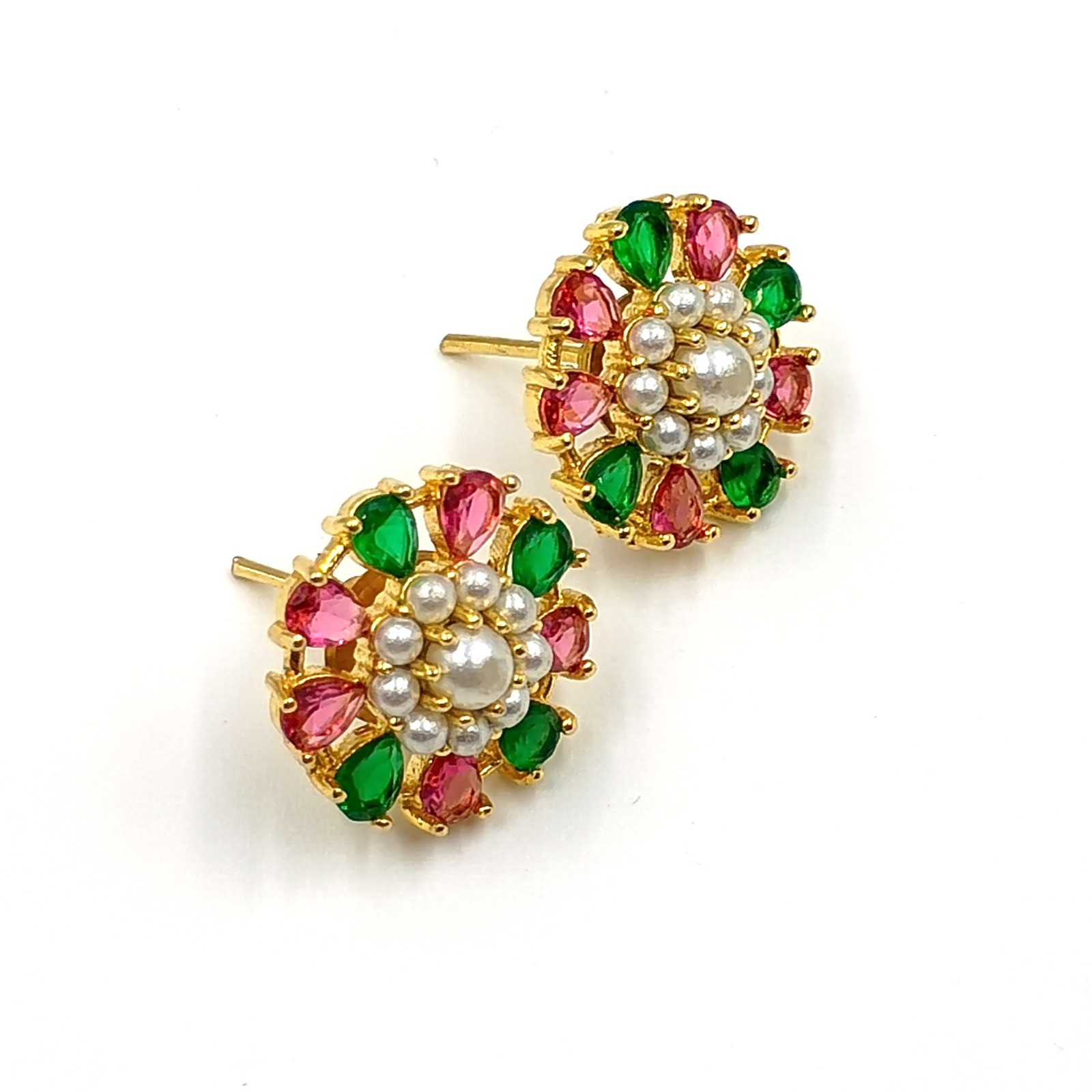 Ruby Emerald Pearl Stud Earrings 22k Gold Plated Traditional Handmade Earrings