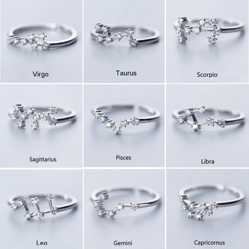 Silver Color 12 Constellations Zodiac SignOpen Opening Ring Women Jewelry Gift