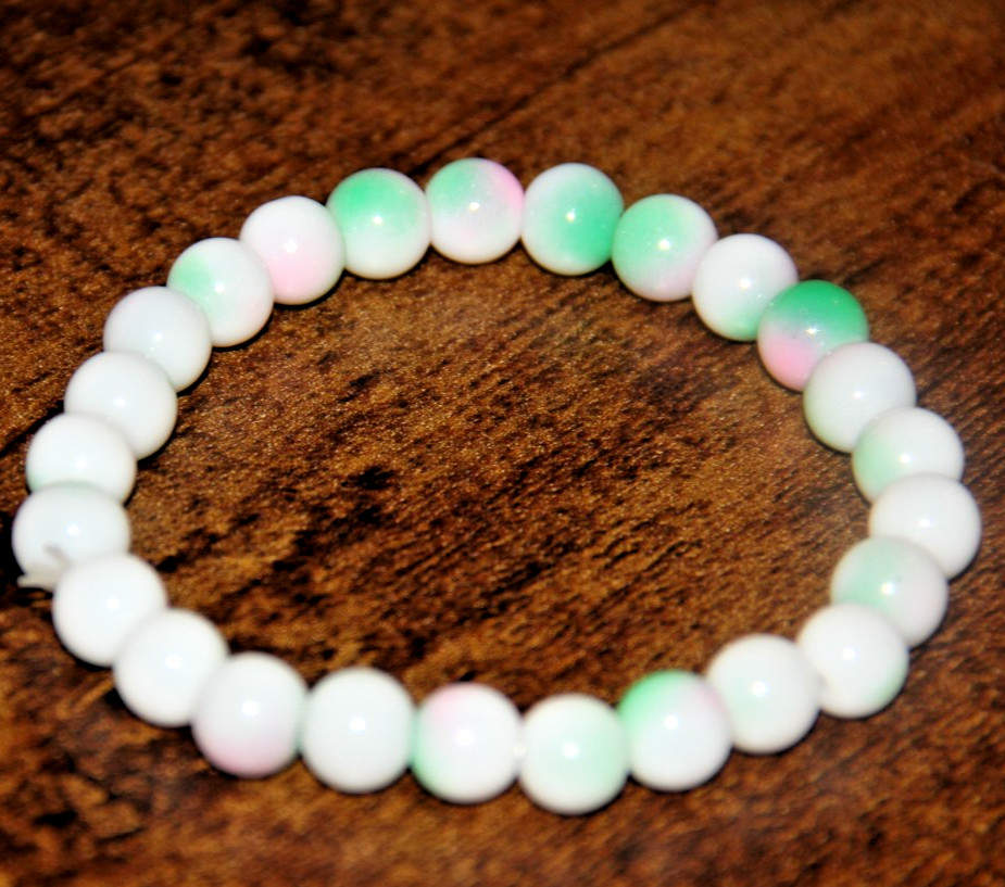 White Green Pink Splotch Round Glass Bead Stretch Bracelet Fashion Jewelry Boho