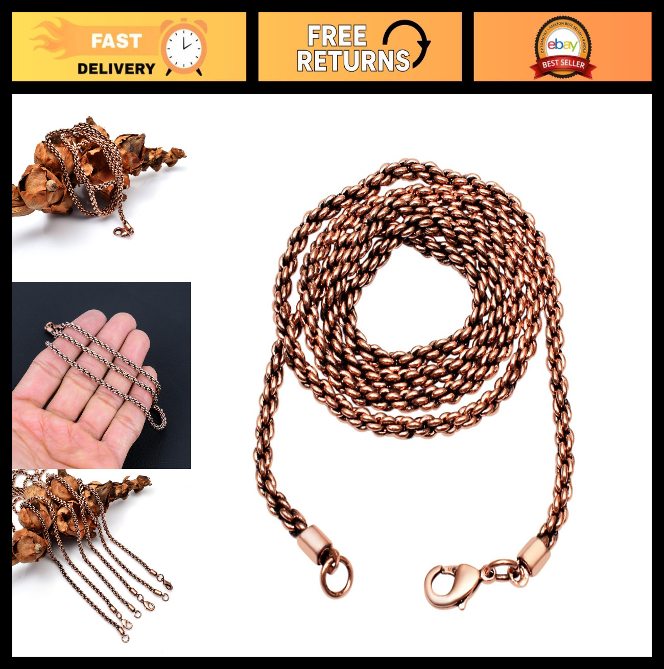 Handmade Solid Copper Rope Chain Necklace – 3mm Thick Oxidized Design for Men &