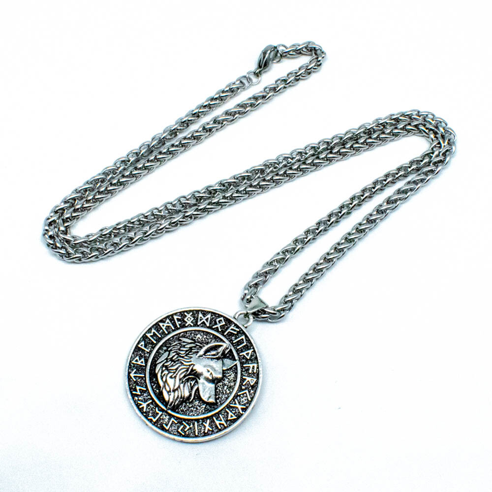 Norse Viking Double Sided Rune Wolf Head Pendant Necklace – Odin Geri and Freki