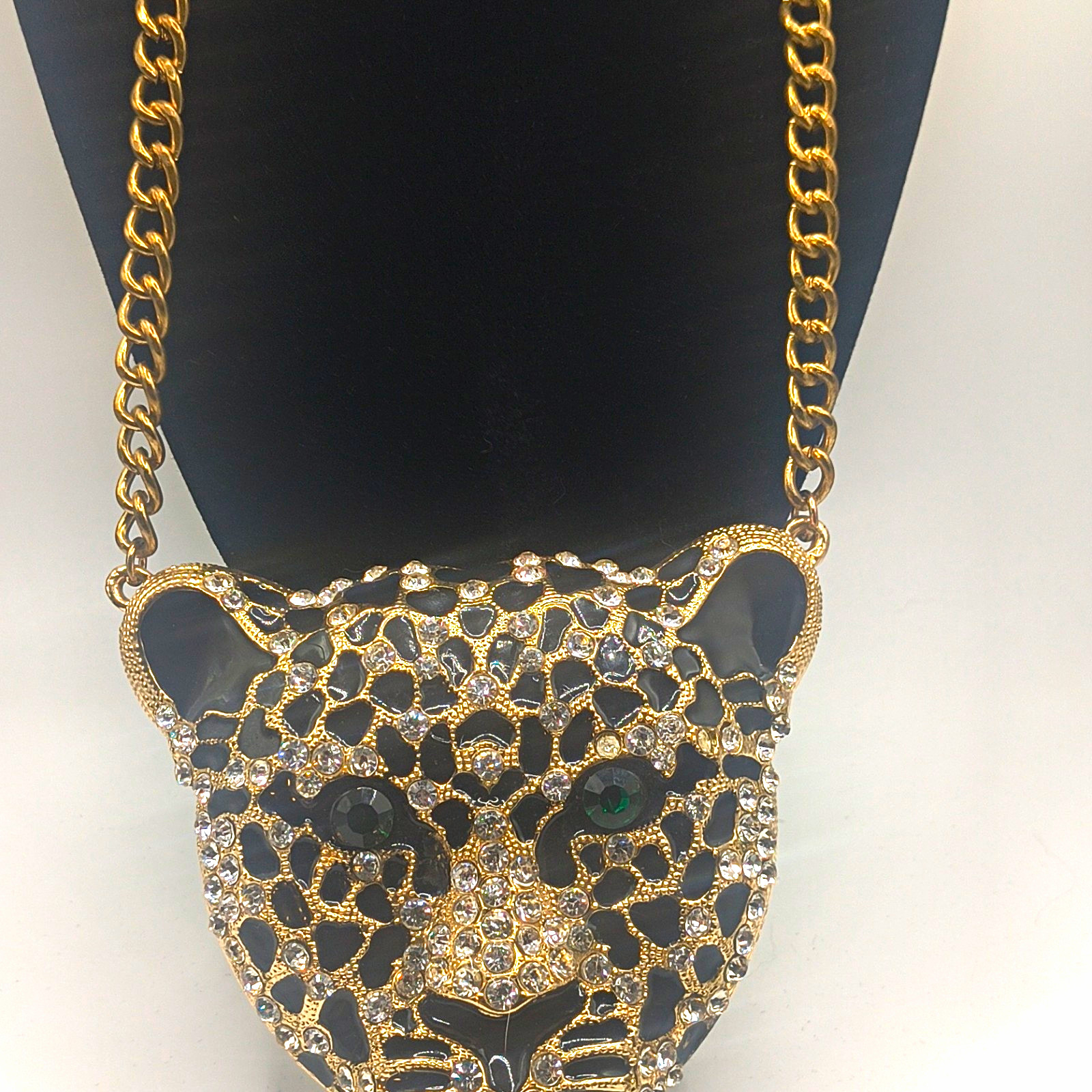 Gold Tone Curb Link Chain Necklace Leopard Pendant Pavé Rhinestone Green Eyes