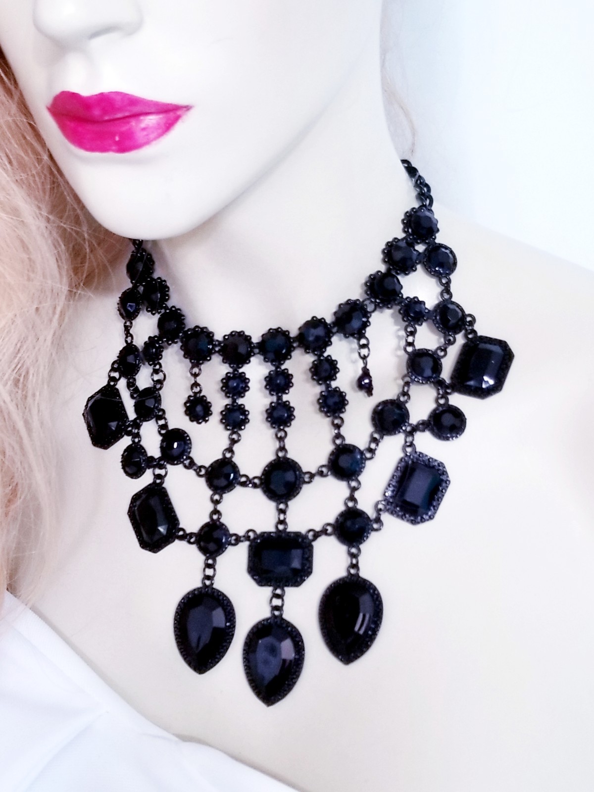 Black Statement Choker Rhinestone Resin Necklace Bridal Prom Pageant Gothic