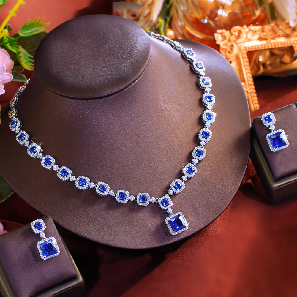 Blue Square Drop Earrings Necklace Silver Plated Cubic Zircon Bridal Jewelry Set