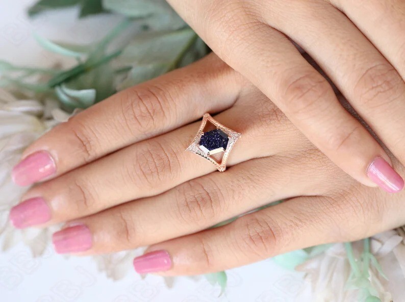 Hexagon Sandstone Engagement Ring Wedding Ring For Womens Anniversary Gift