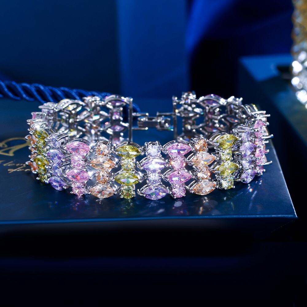 Women Silver Plated Multicolor Round Marquise Cubic Zirconia Big Wide Bracelet