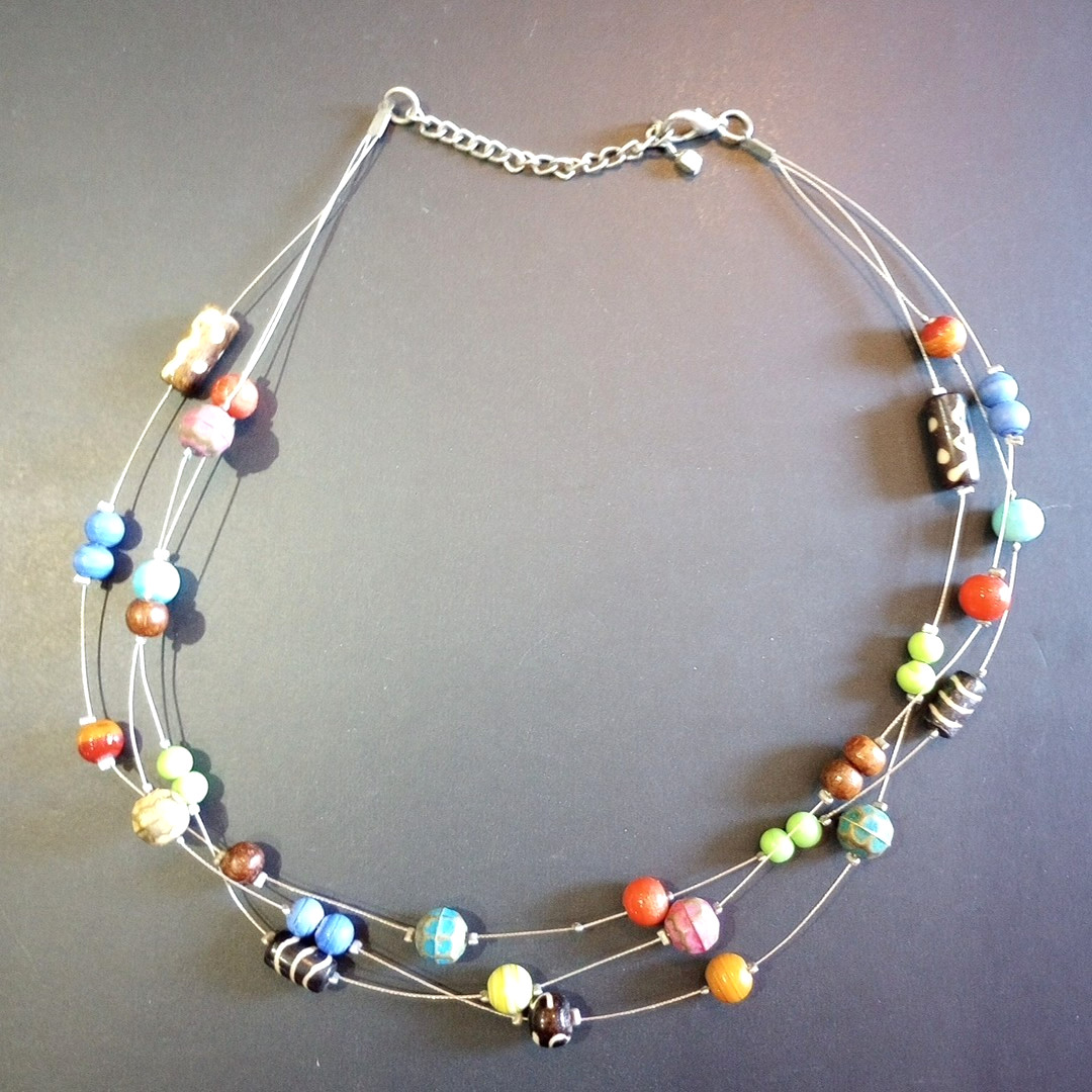 Multi-strand Beaded Necklace Wire Floating Colorful Illusion 18-21″ Vtg EUC