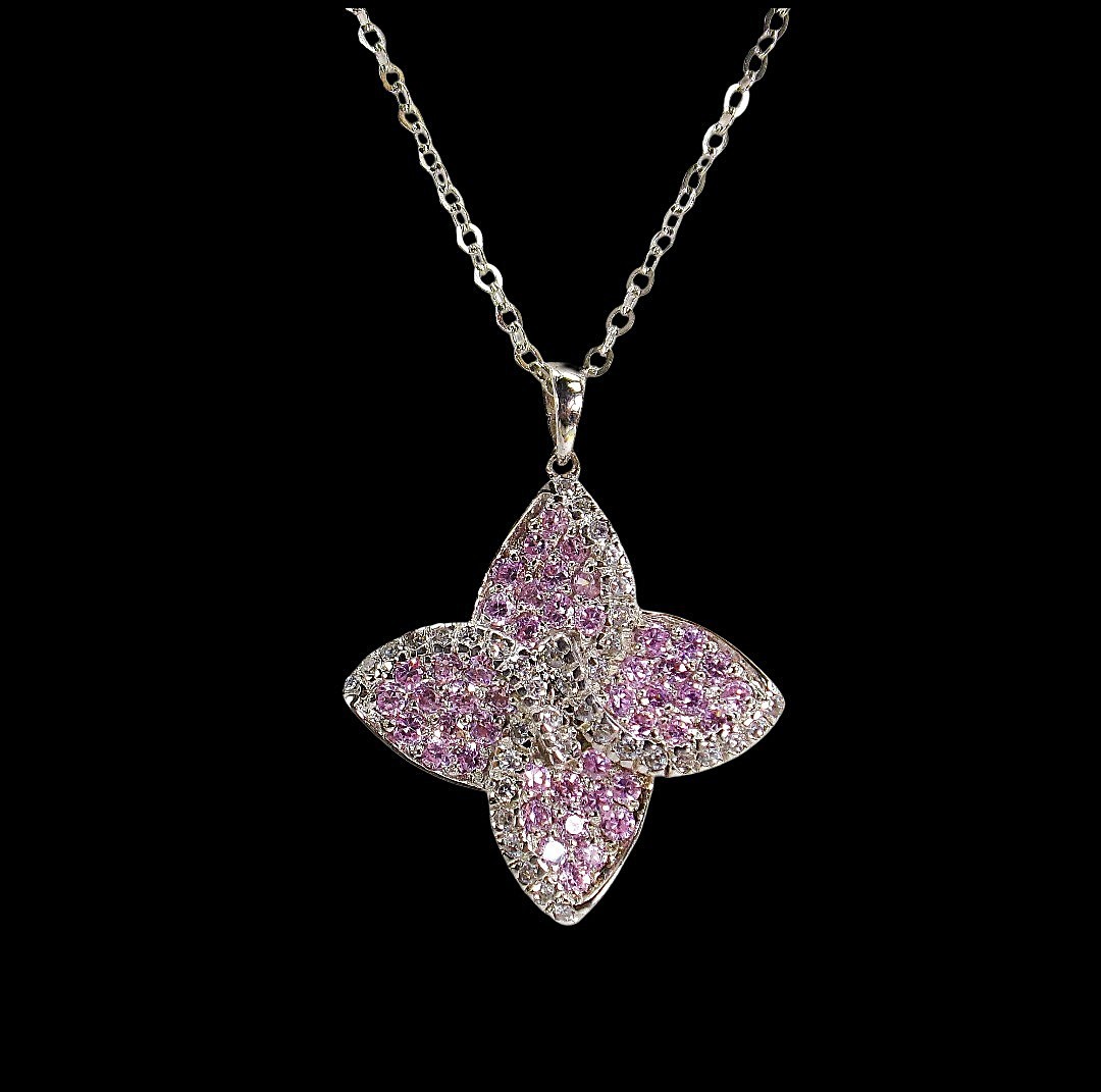 Pink and clear crystal flower pendant necklace in a silver setting 1″ x 1″ New