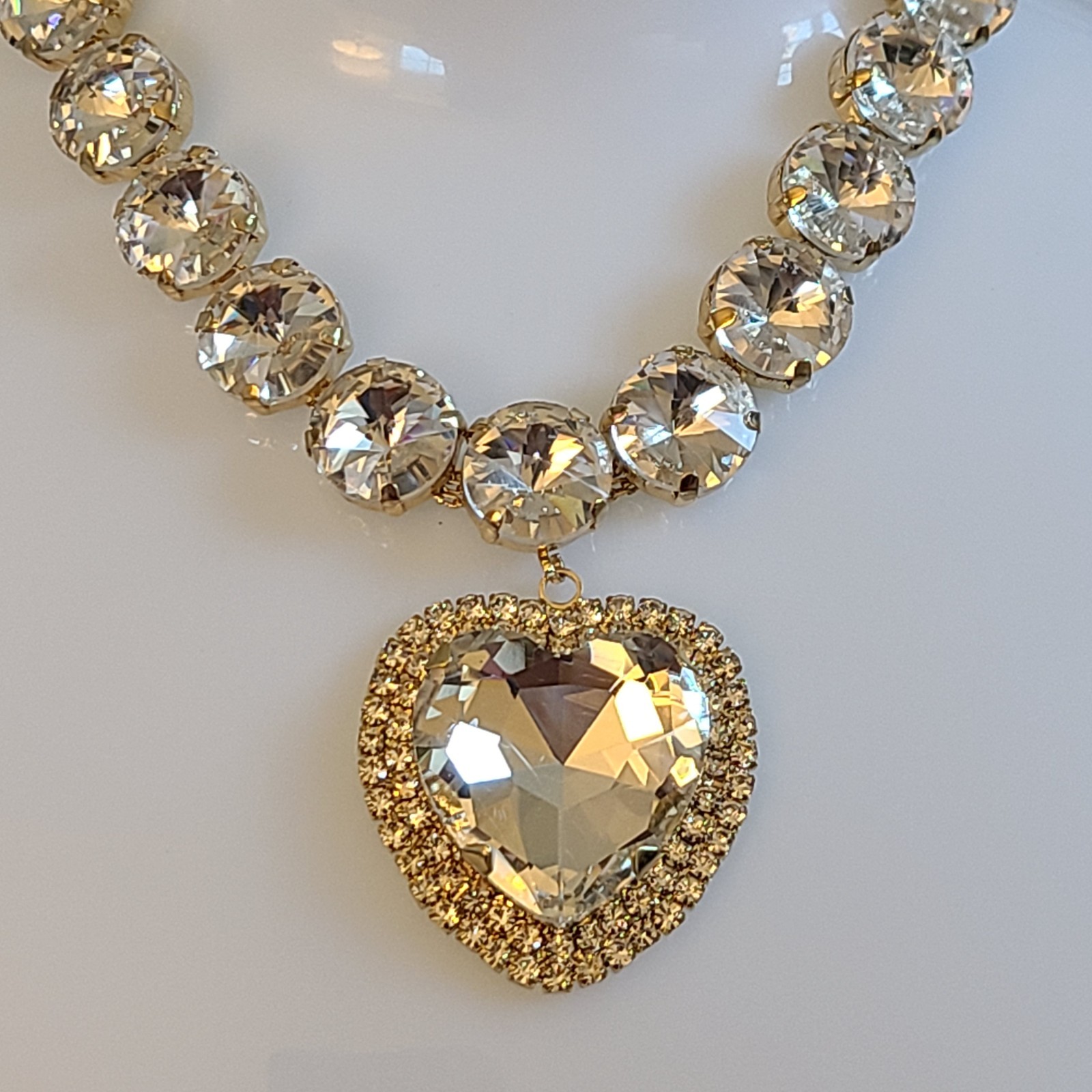 Valentine’s Statement Set: 16 Crystal Collet Necklace Clear Heart Pendant + Ear