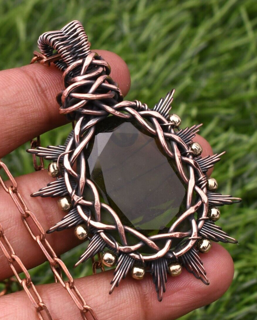 Green Peridot Gemstone Copper Wire Wrap Handmade Jewelry Pendant 2.28″