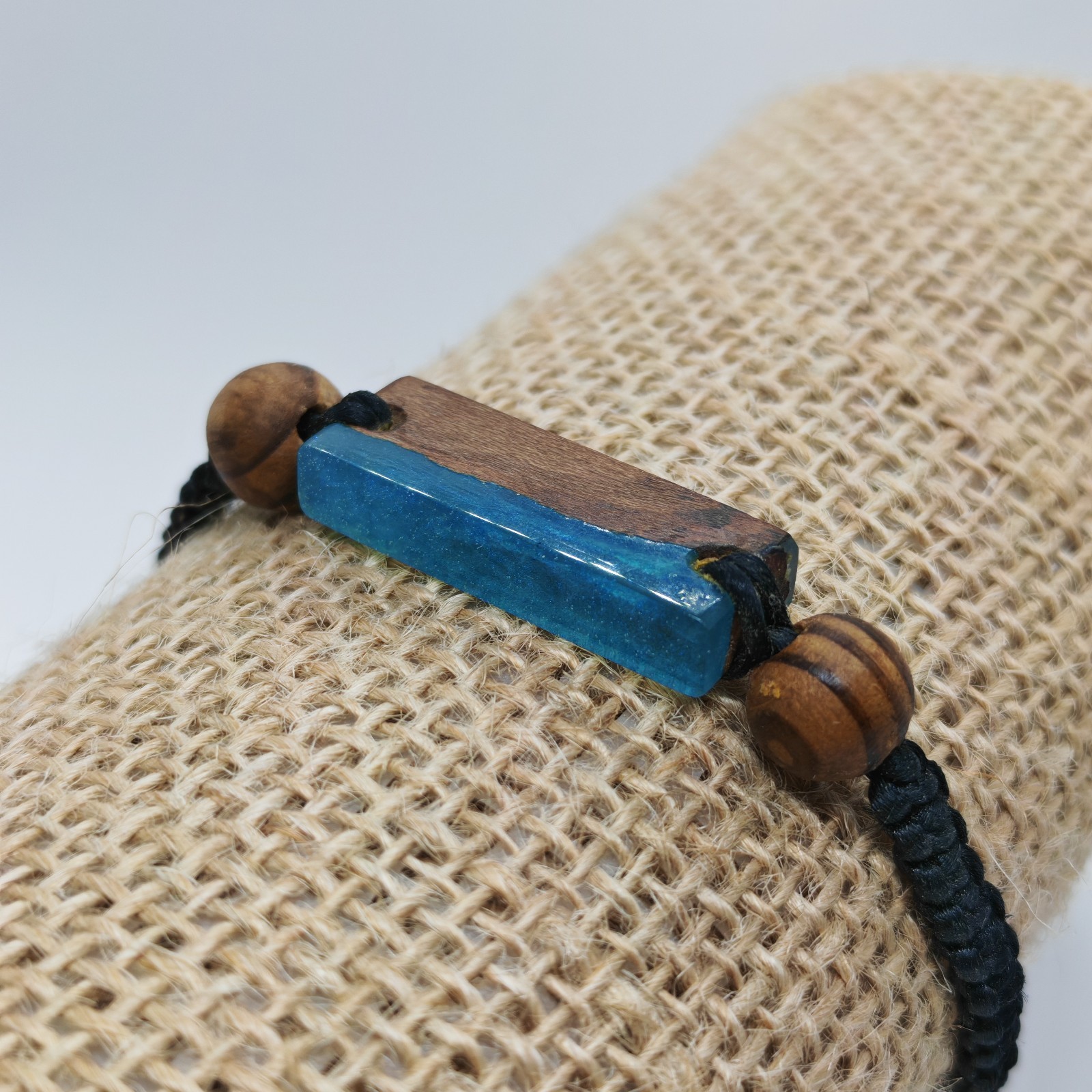 Handmade Wood & Transparent Resin Bracelet – Wooden Beads – Adjustable Strap