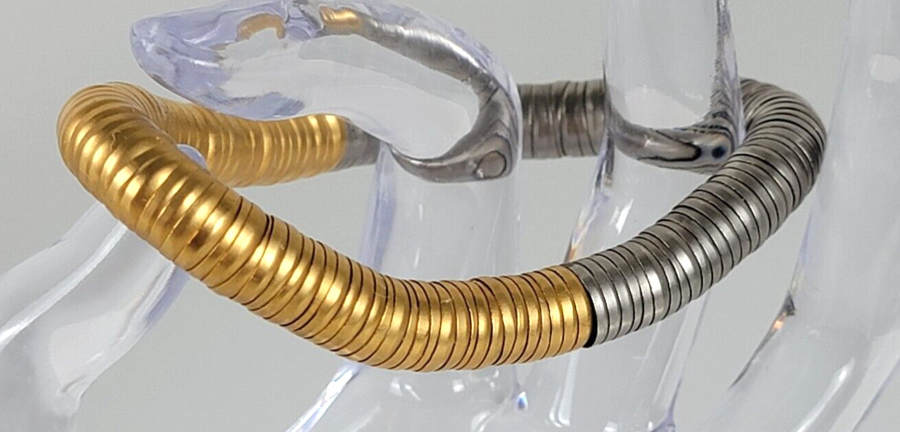 Gold And Silver Tone Metal Flat Ring Disc Beaded Bracelet Expandable 6.5 In