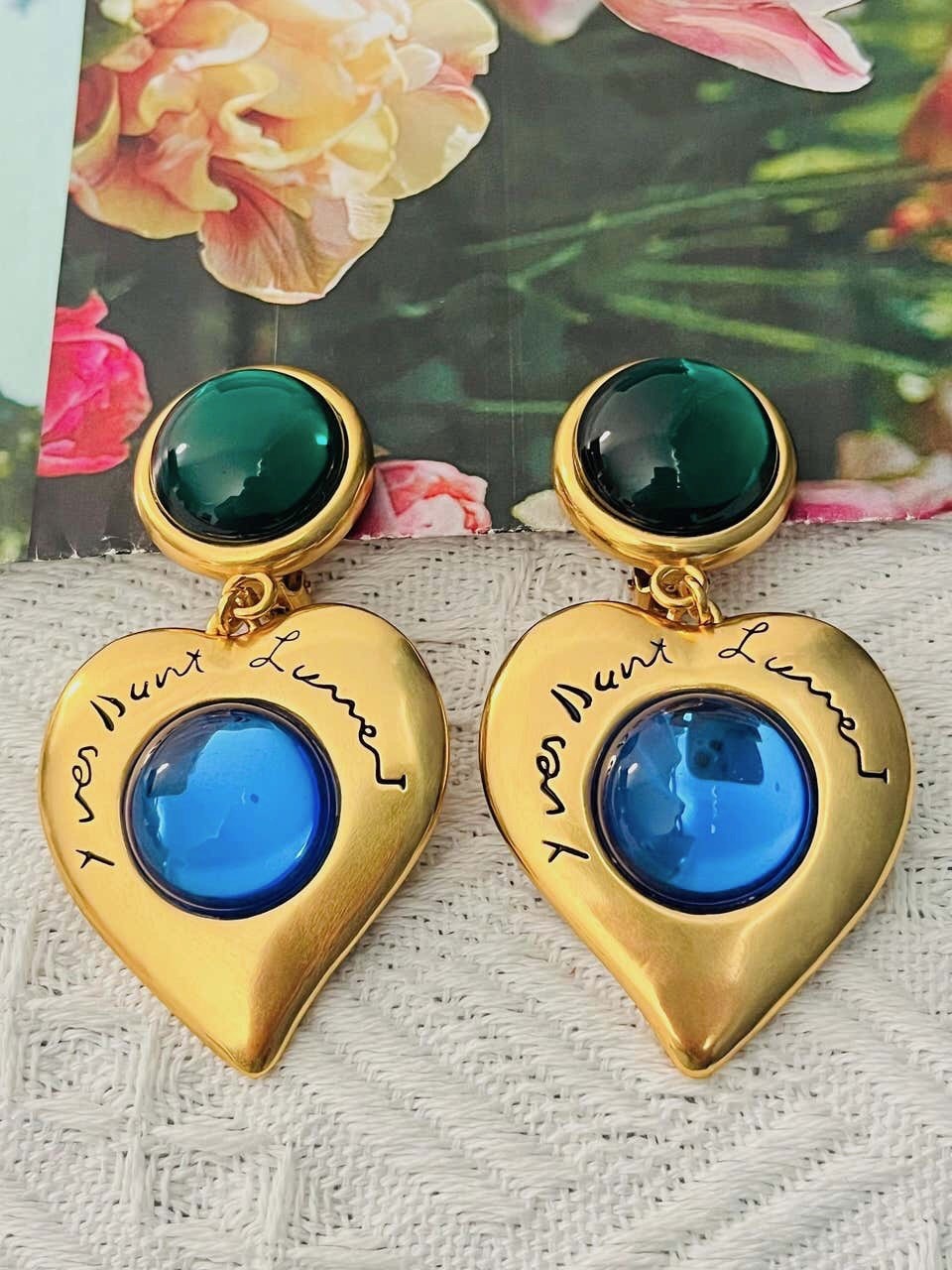 Yves Saint Laurent YSL Gripoix Emerald Sapphire Heart Logo Double Drop Earrings
