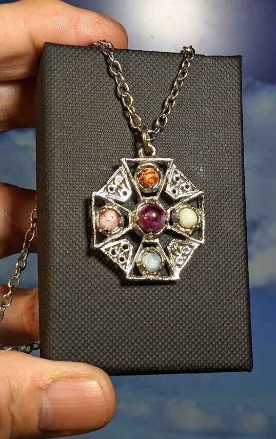 Vintage Miracle Celtic Cross Glass Agate Pendant, in Box. 30mm. Chain 62cm