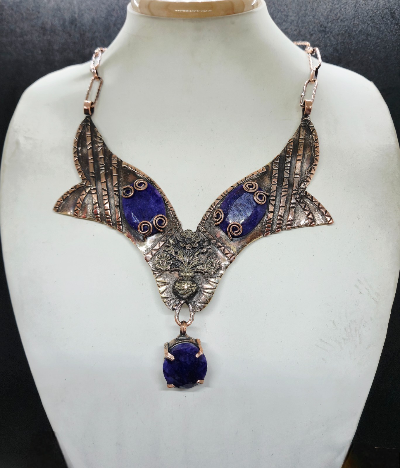 Blue Sapphire Necklace Gemstone Jewelry Solid Copper Wire Wrap Gift Necklace
