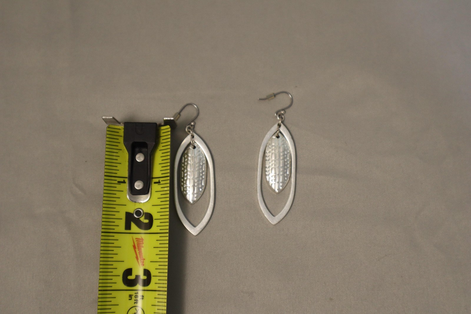 Silver Leaf Dangle Drop Earrings Womens Long Hook Textured Boho Metal