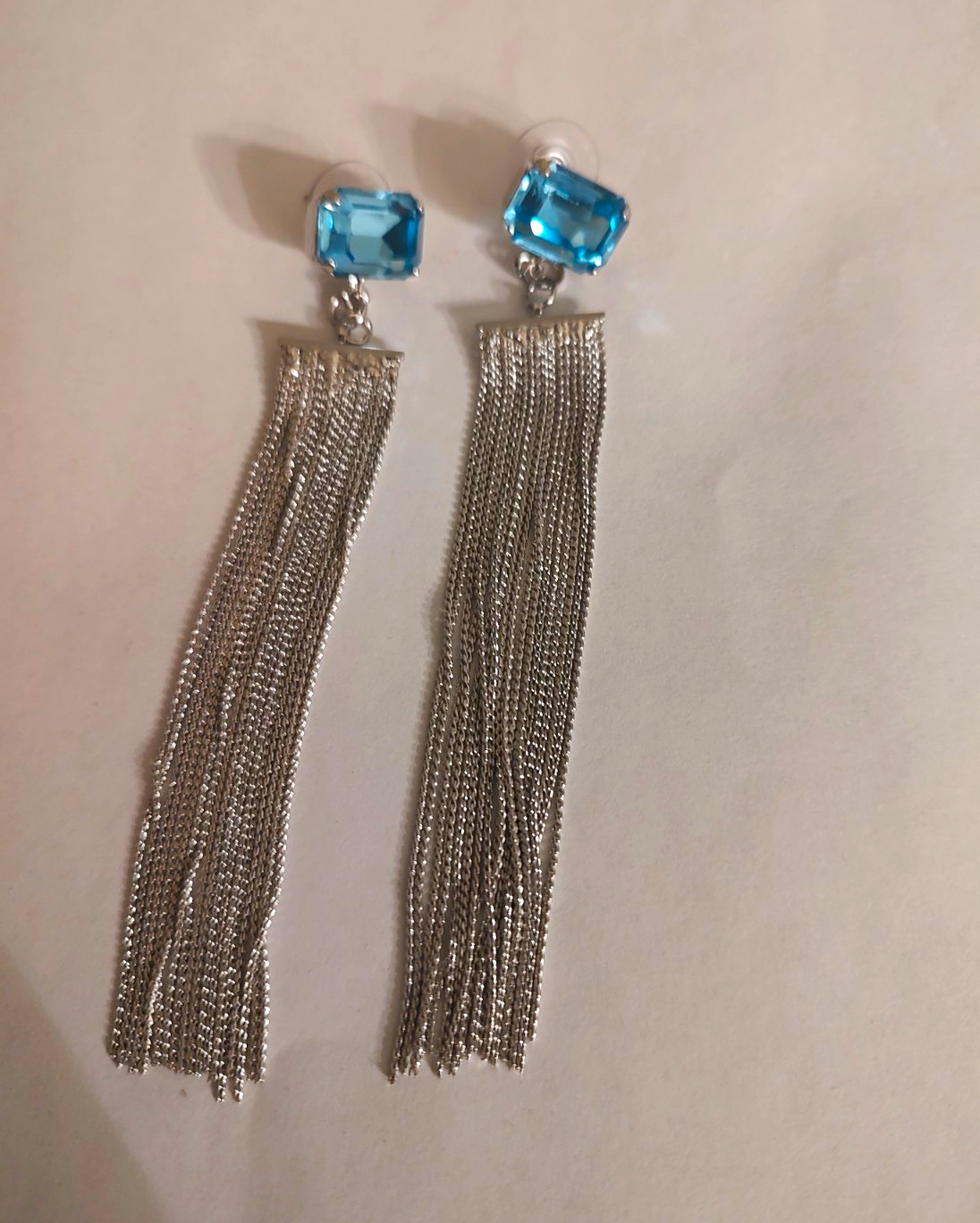Blue Square Crystal Silver Tone Tassel Dangle Drop Earrings Post for Lobe