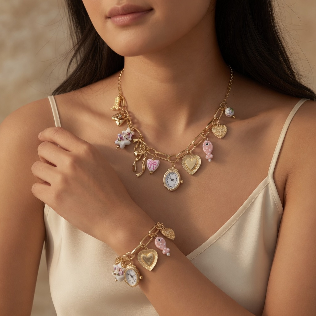 Pink Ceramic Gold Charm Necklace & Bracelet Set, Faux Watch Y2K Coquette Set
