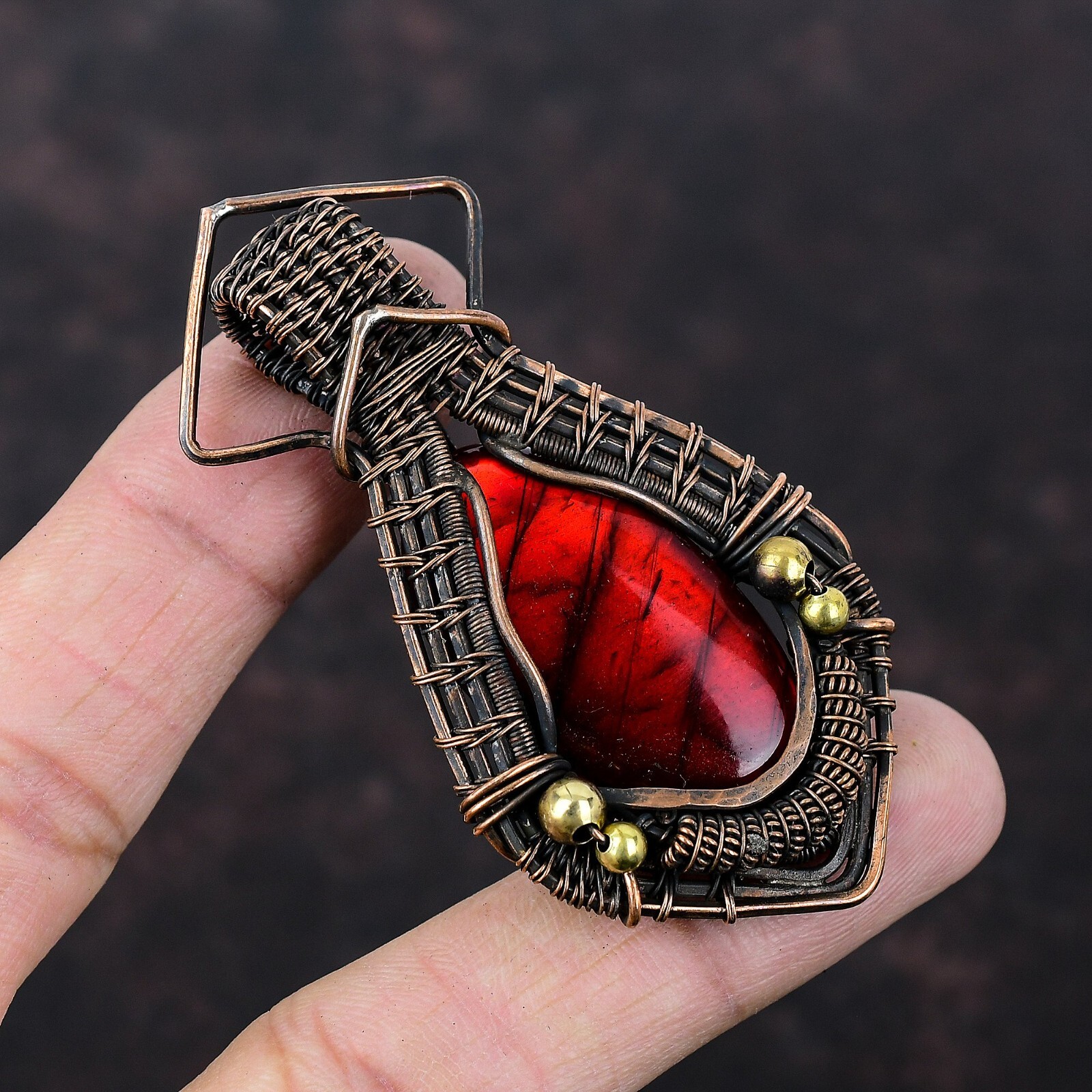 Red Fire Labradorite Copper Gift For Briedsmaid Wire Wrapped Pendant 2.83″