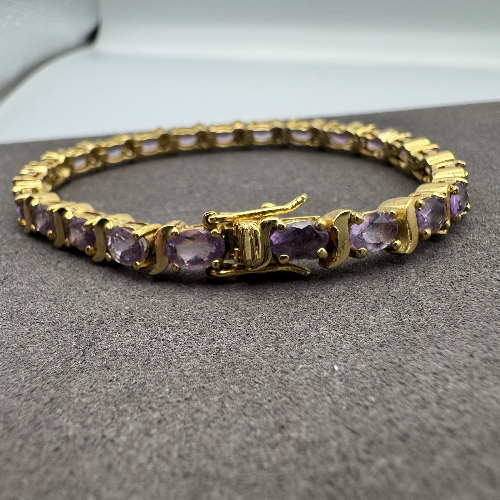 HAN THAI 925 Sterling Silver Gold Tone Oval Amethyst S Link Tennis Bracelet