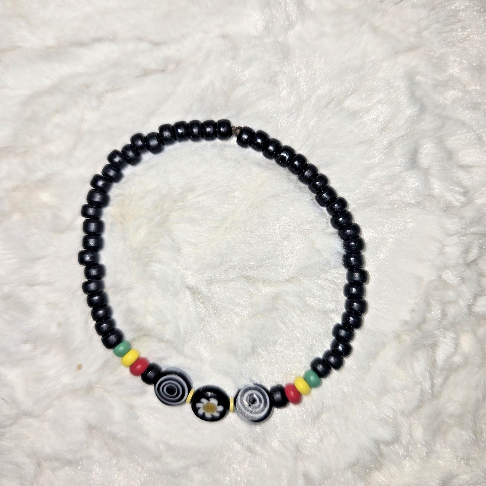 Set of 4 = Stacking Bracelets – Black Seed Beads, Colorful Accents – Stretchy