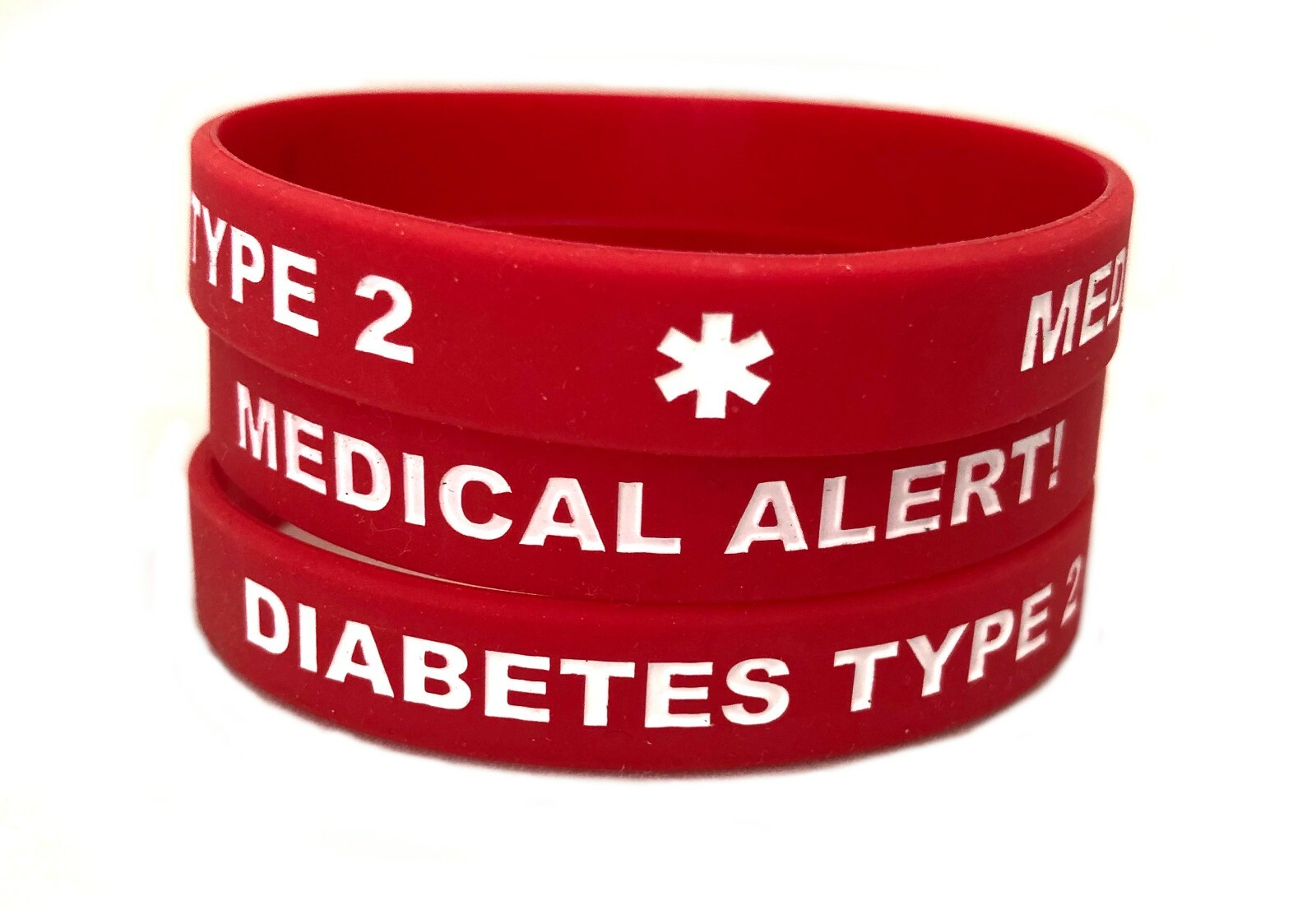 XL Size Diabetes Type 1 or Type 2 Red Silicone Medical ID Bracelets (Lot of 2)