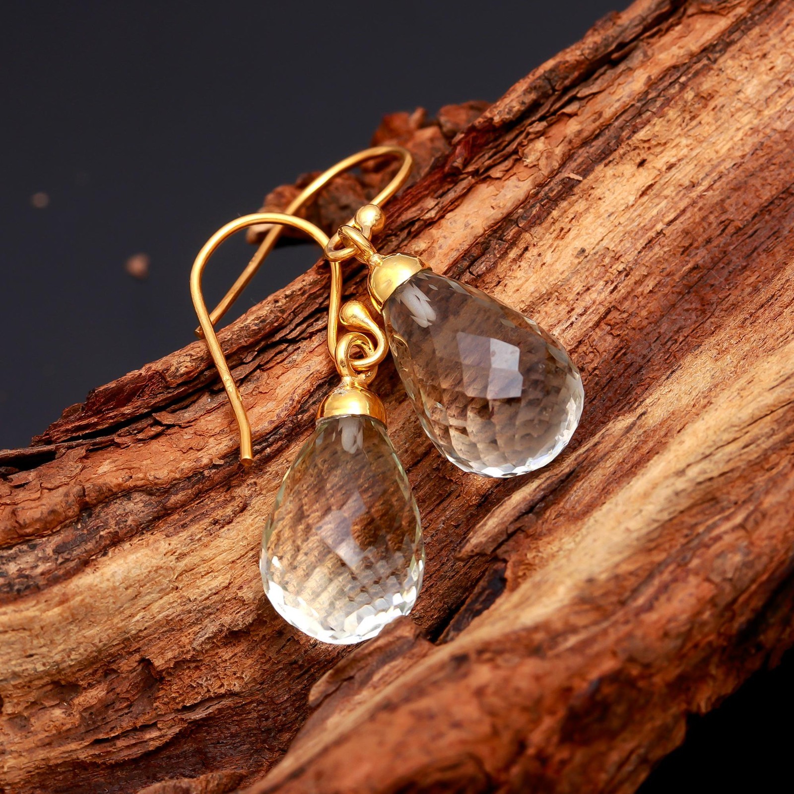 Natural Green Amethyst Teardrop Dangle Earrings Gold Plated Solid Silver Jewelry