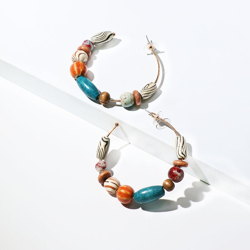 Wooden Beaded Hoop Earrings, 4 Colors, Your Choice Yellow, Blue, Black or Brown