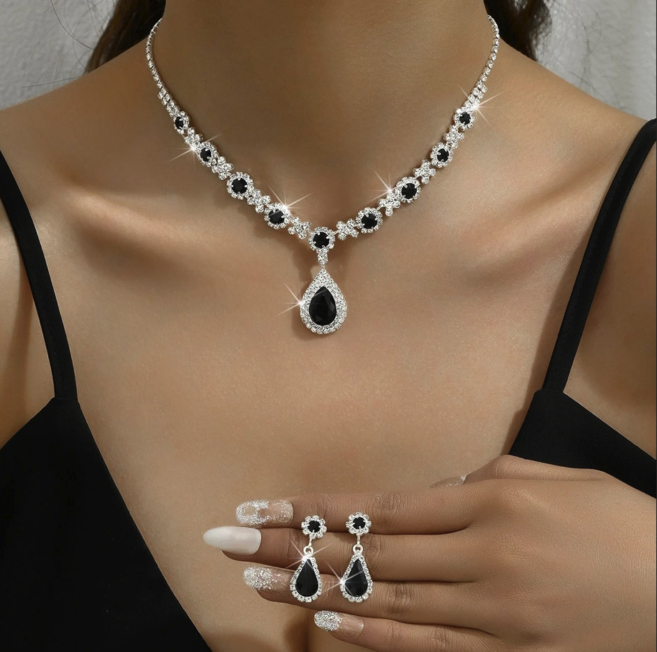 3pcs Crystal Drop Necklace Earrings Jewelry Set Women Wedding Party – NEW