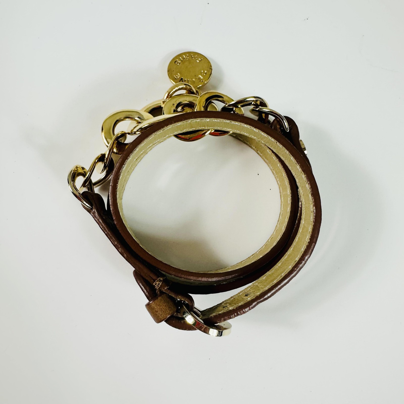 Celine Brown Leather Double Wrap Chain Bracelet Gold Tone Triomphe Logo Charm