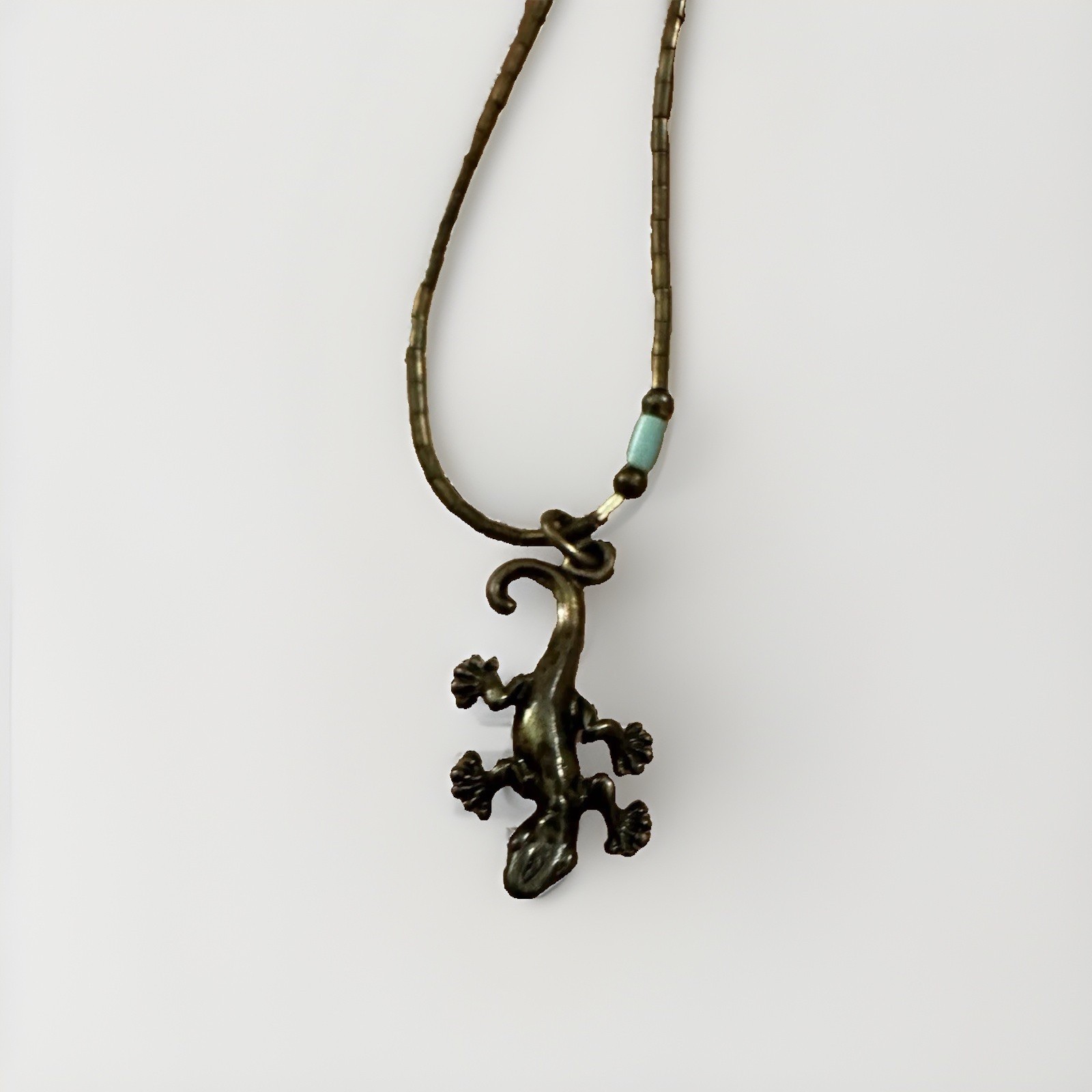 Signed Sterling Silver & Turquoise Heishi Southwestern Lizard Pendant Necklace