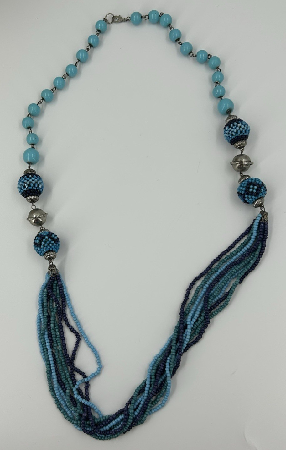 Shades of Blue Statement Necklace Womens Seed Bead Graduated Multistrand 32 Inch